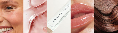 Collage of a smiling person, close-up of skin texture, LUMITY product packaging, lips with gloss, and hair color swatch.
