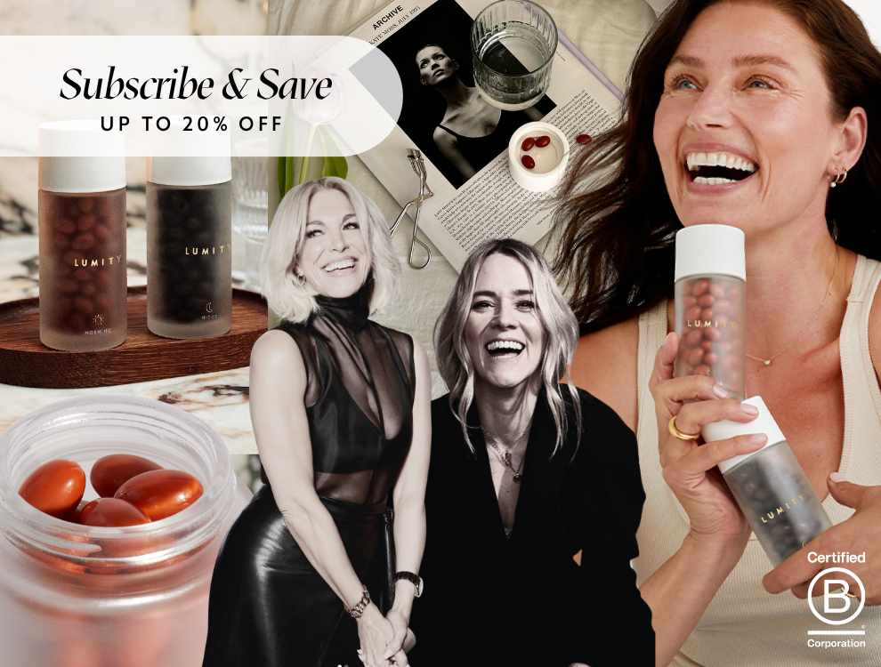 Collage of smiling women with bottles of supplements, a glass of water, and a close-up of red softgel-like items in a container.