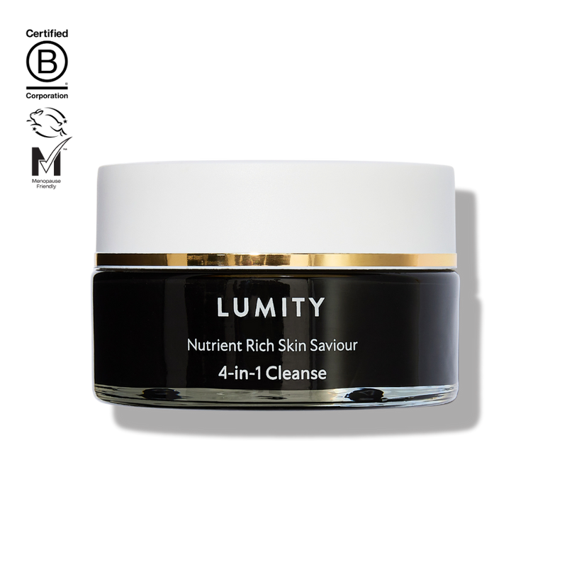 4-in-1 cleanse product image with B Corp logo, GenM logo and Leaping Bunny logo