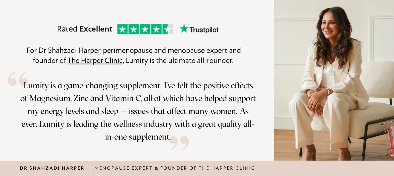 Woman sitting on a chair with text about Lumity supplement and Dr. Shahzadi Harper's endorsement.