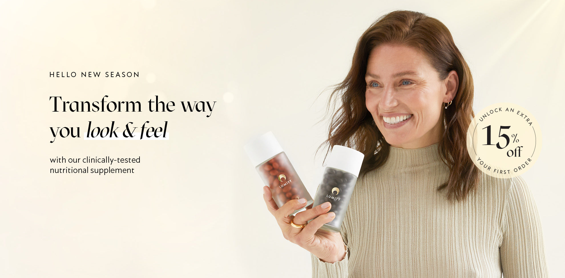 Transform the way you look & feel without clinically-tested supplement. Image of woman holding glass supplement bottles.