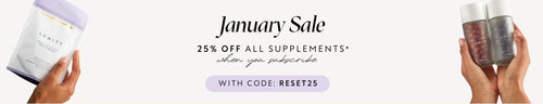 Advertisement for a January sale on supplements with text and product images.