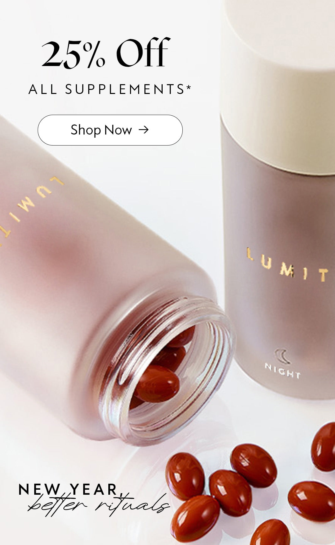 Supplements with a glass bottle labelled 'Lumity' and promotional text for 25% off supplements on a white background.