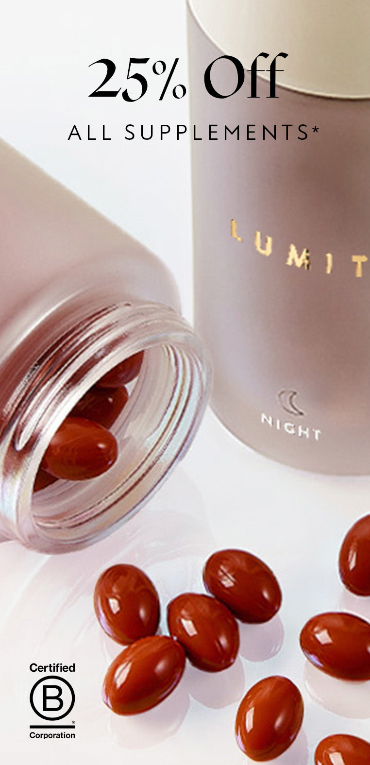 Supplements with a glass bottle labelled 'Lumity' and promotional text for 25% off supplements on a white background.