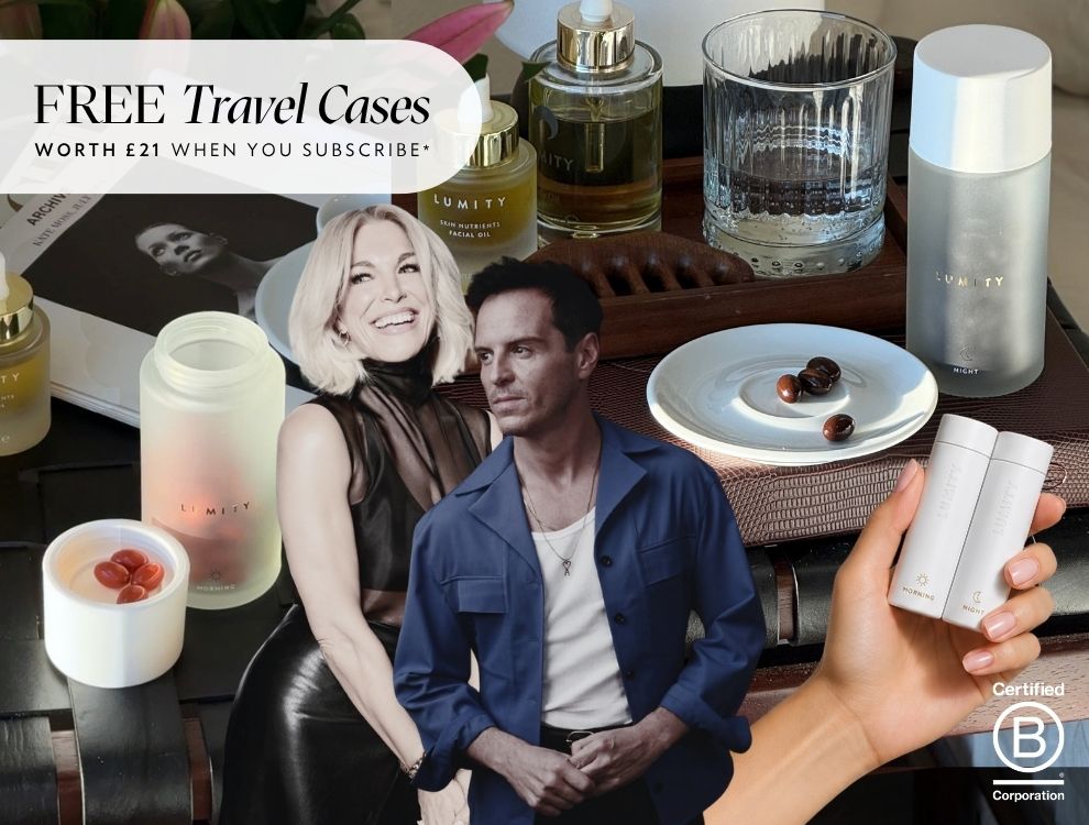 Image collage of Lumity products, Hannah Waddingham and Andrew Scott. Badge reads Free Travel Cases worth £21 when you subscribe.