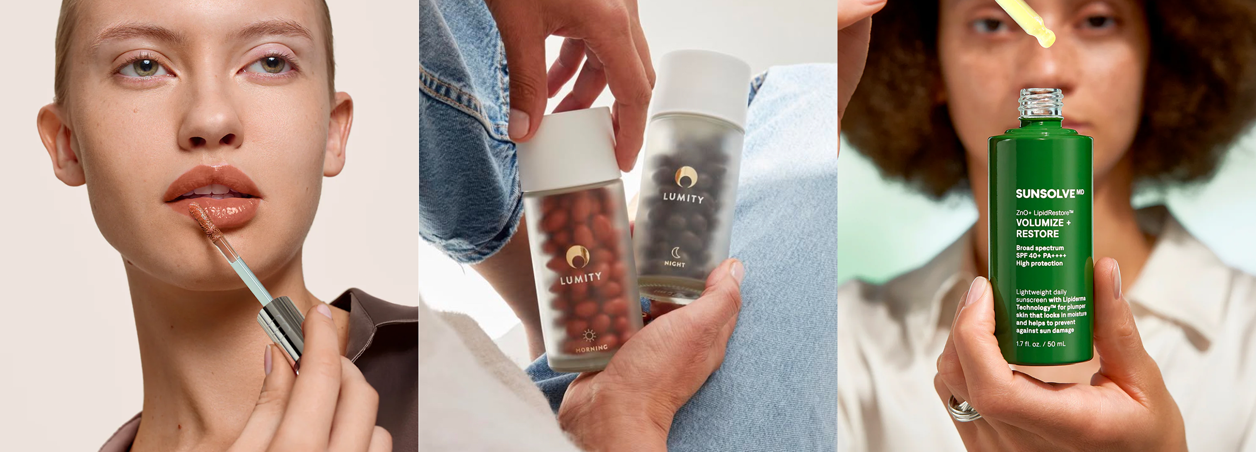 Images of models using SunsolveMD LipidRestore Lip, LipidRestore SPF40, and holding Lumity Morning & Night supplement