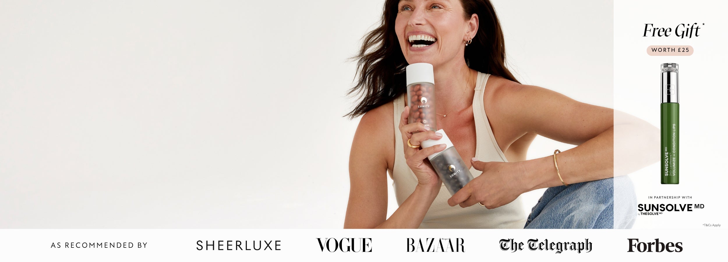 Woman holding a bottle with a free gift offer on the right, featuring multiple magazine logos below.