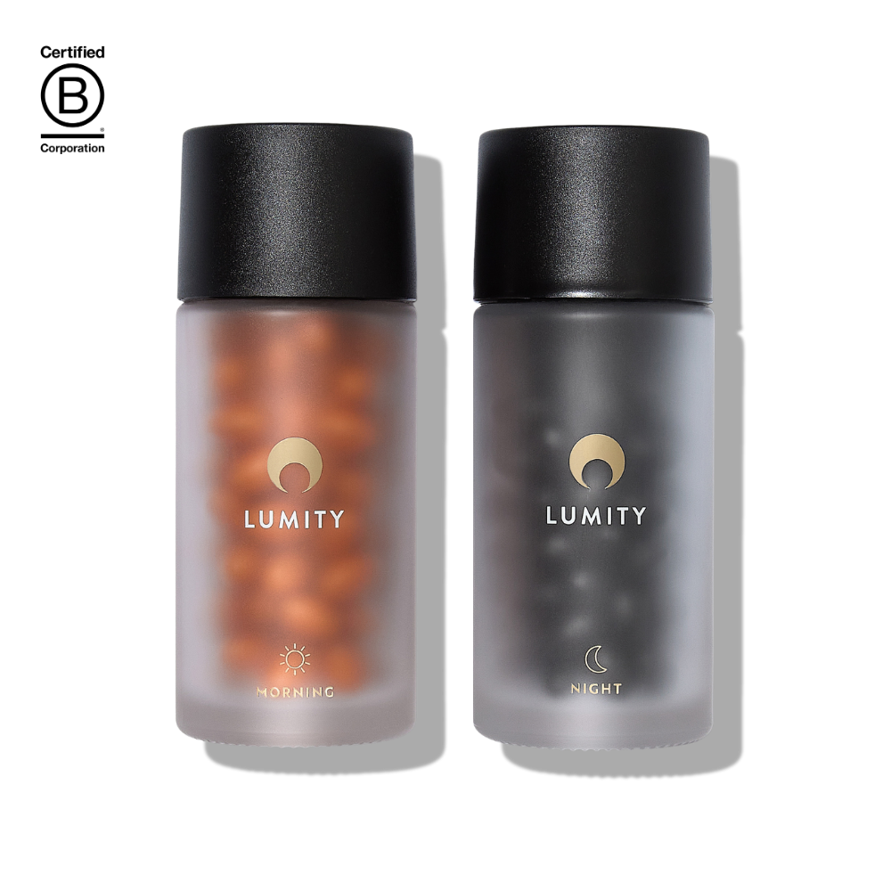Lumity Morning & Night Male Supplement in Bottles with B Corporation Logo on the left