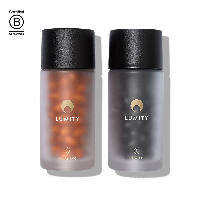 Lumity Morning & Night Male Supplement in Bottles with B Corporation Logo on the left