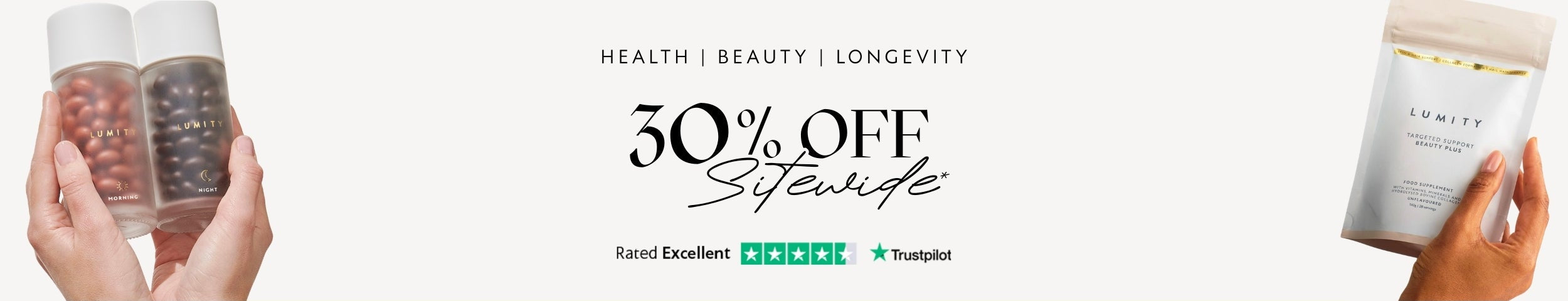 Promotional banner with skincare products and a 30% off site-wide discount offer.