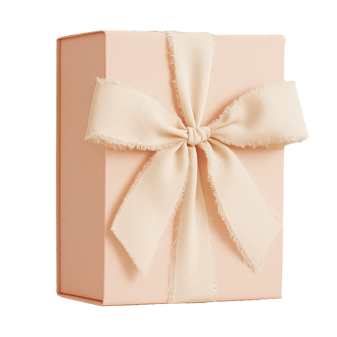 Gift box with a large beige bow