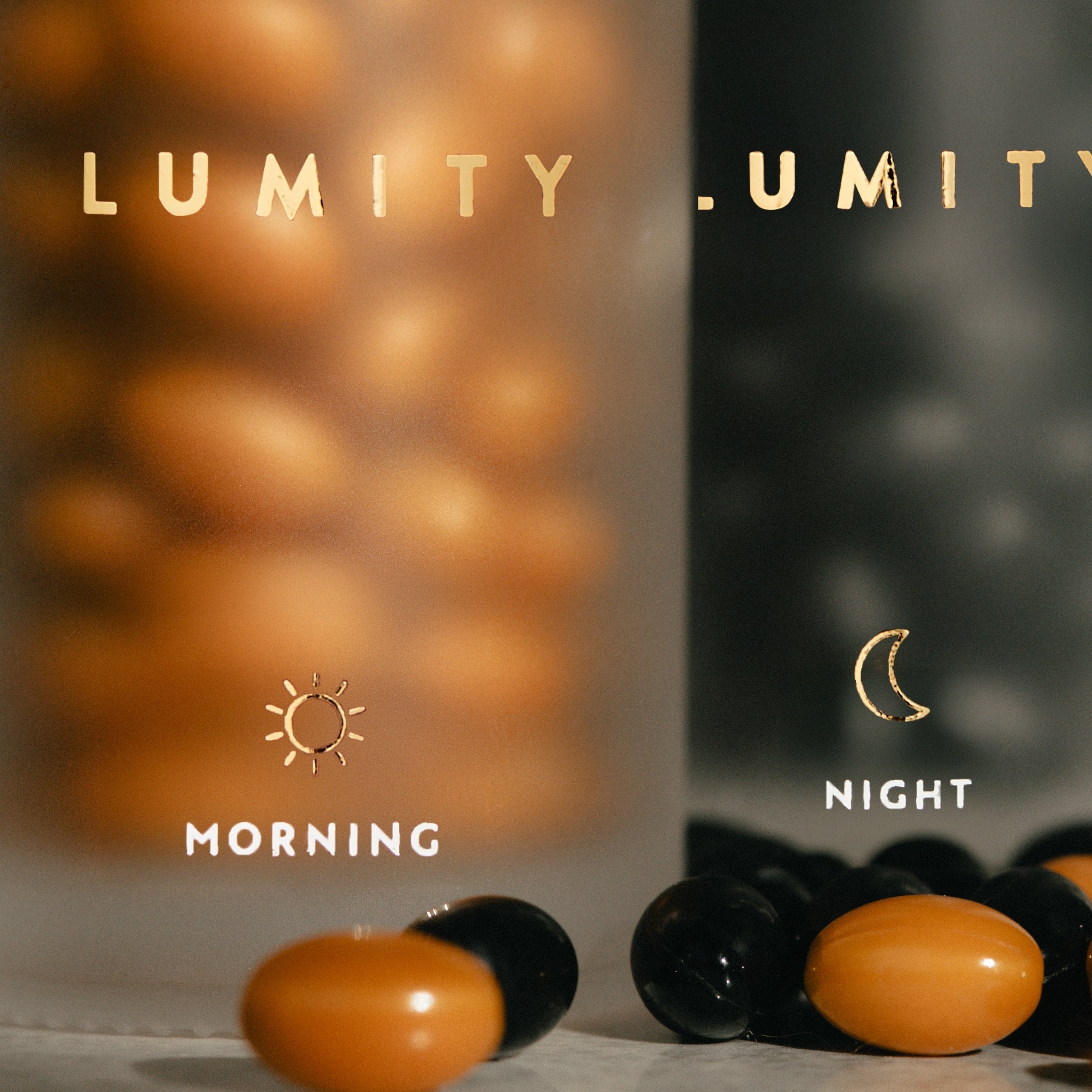 Lumity product packaging with morning and night symbols on a blurred background