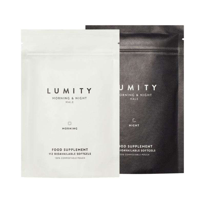Matte white and black pouches containing morning and night male supplements for daily wellbeing and vitality support.