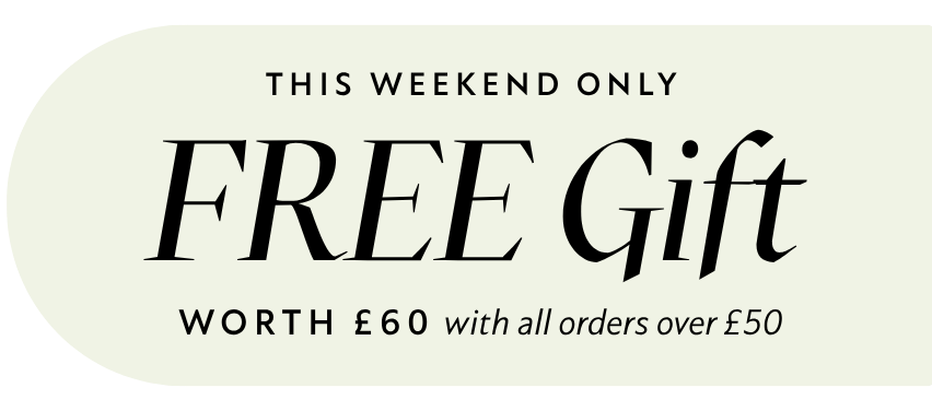 Promotional graphic with the text 'FREE Cleansing Balm' and 'WORTH £60 WHEN YOU SPEND £50' on a pale cream background with a soft rounded beige shape behind the text.