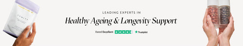 Advertisement for Lumity supplement brand with products and text about healthy ageing and longevity support.