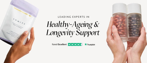 Two hands holding Lumity bottles and a supplement pouch with text about healthy ageing and longevity support.