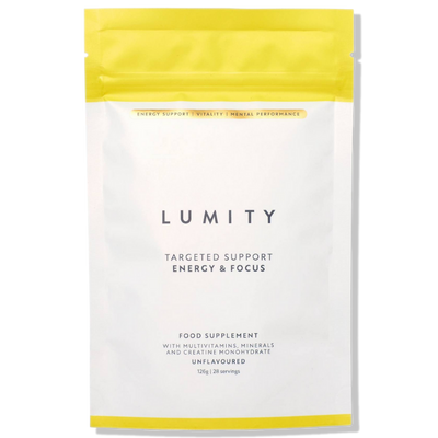 White and yellow resealable pouch labeled Lumity for energy and focus with multivitamins and minerals details.