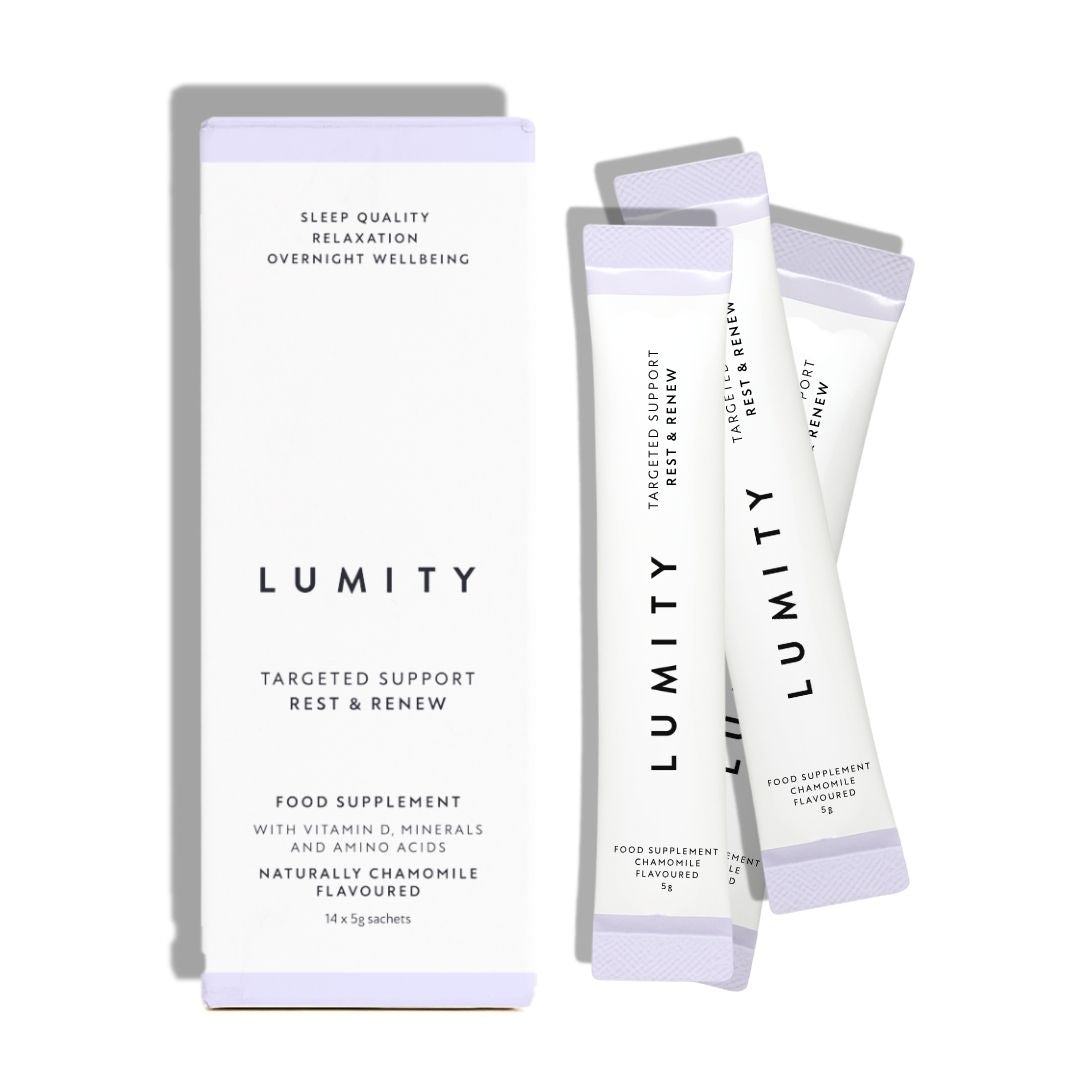 Lumity targeted support food supplement packets on a white background