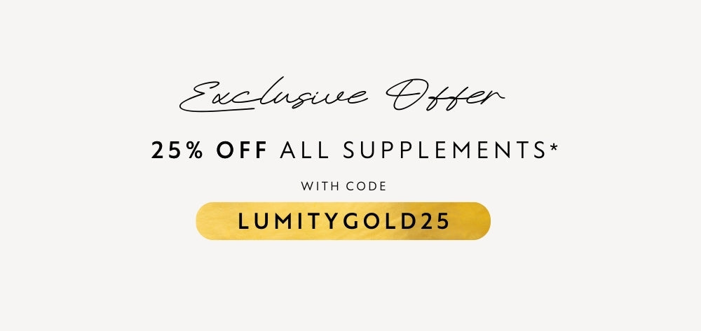 Promotional offer for 25% off all supplements with a code on a white background