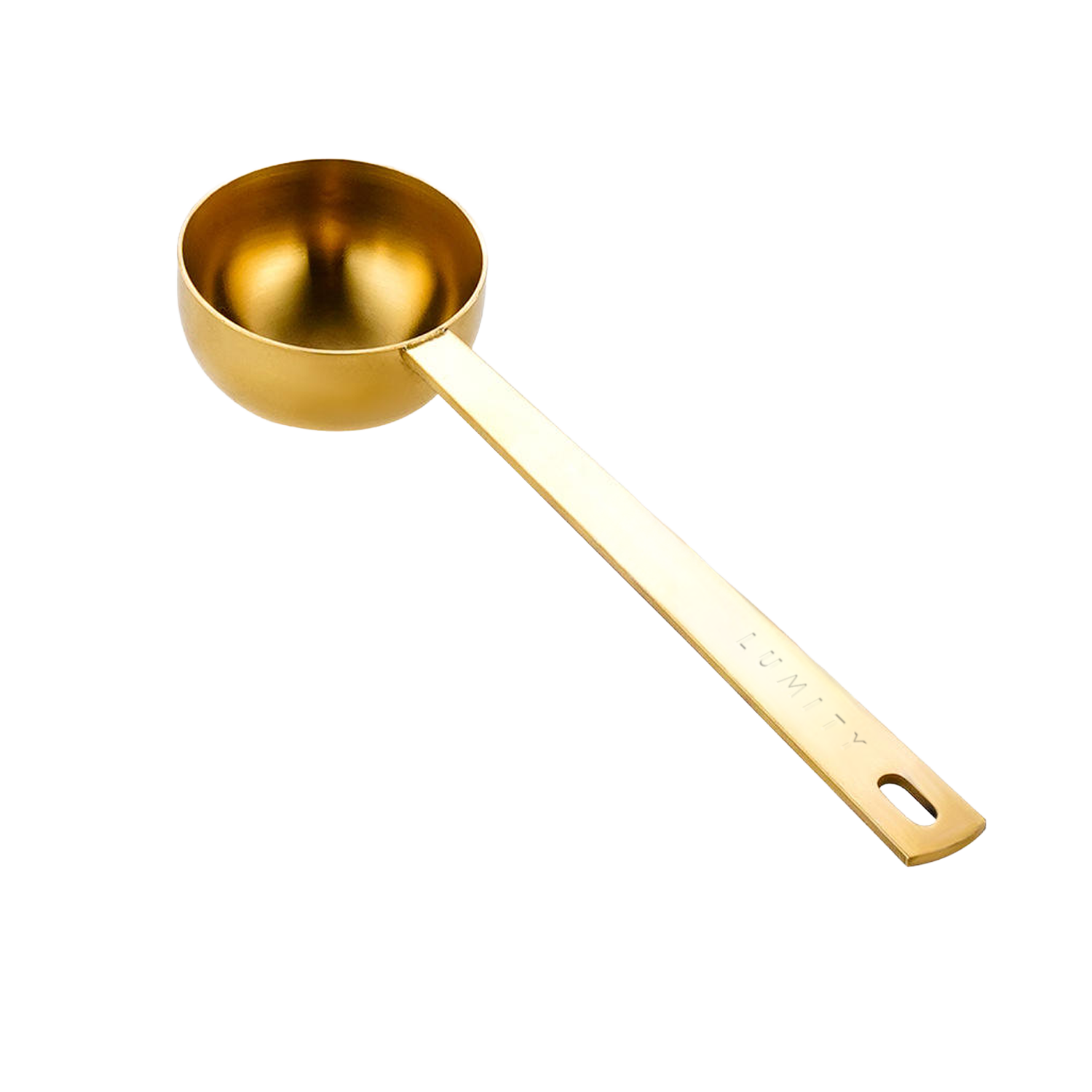 Brass-colored Daily Ritual Scoop with engraved logo and a long handle for precise measurement in wellness routines