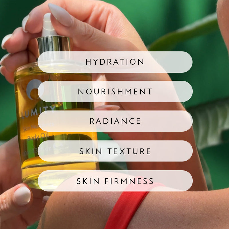 Hand holding a bottle of Lumity Body Oil with text on hydration, nourishment, radiance, skin texture, and skin firmness.