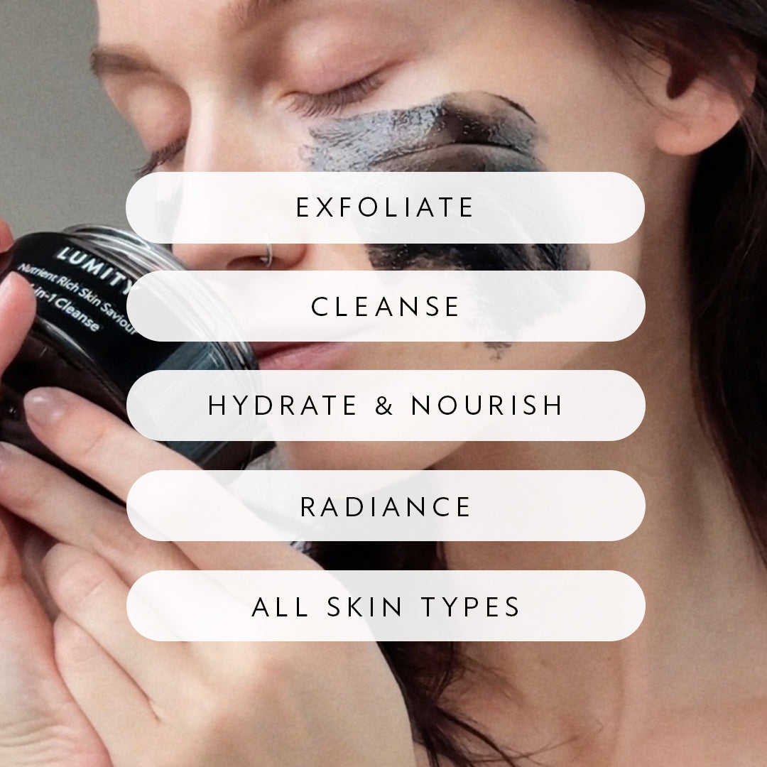 Woman applying Lumity's cleanse skincare product with text overlay on skin care routine steps.