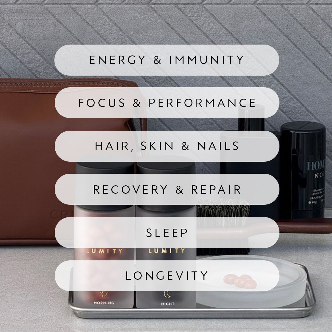 Lumity male morning & night bottles with a list of different health benefits on a gray surface.