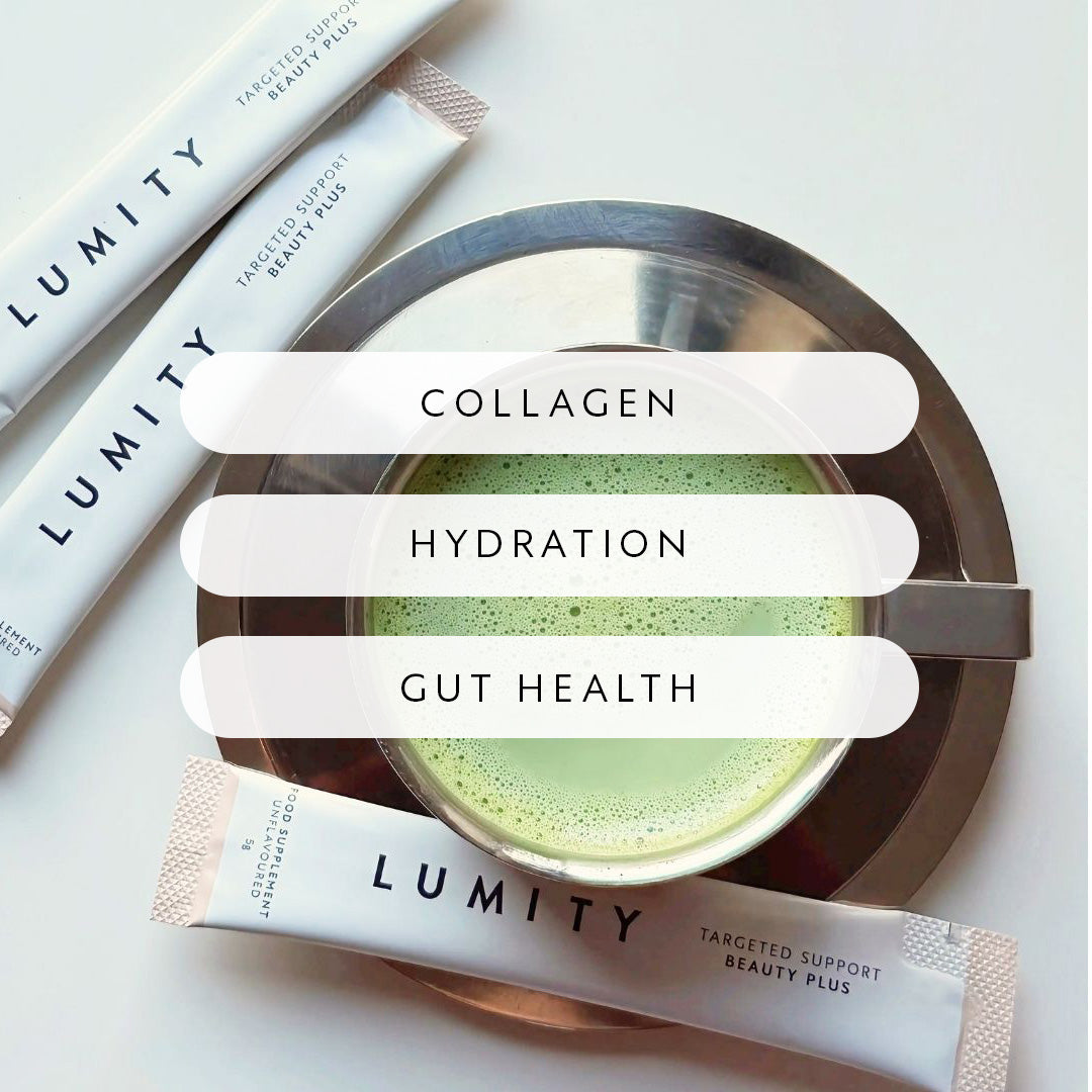 Lumity products with a green drink on a white background