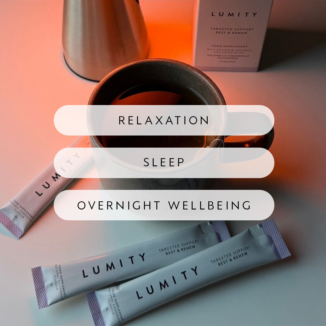 Lumity supplements with a cup of tea on a gradient background