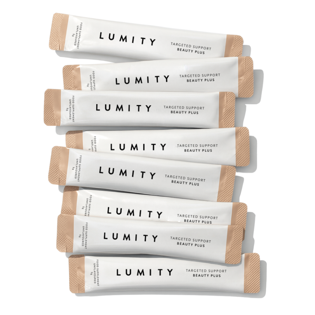 Stack of Lumity sachets with beige accents labeled for targeted Beauty Plus support on a clean white background