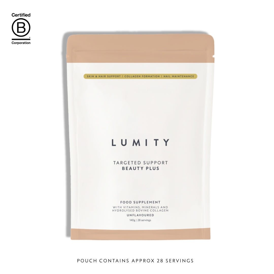 Lumity BeautyPlus pouch on white background with BCorp logo