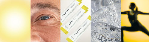 Collage of images including a close-up of an eye, Lumity's Energy & Focus sachet on a mirrored surface, water droplets, and a silhouette of a person.