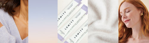 Collage of a woman, a product labeled 'LUMITY', fabric, and a close-up of a woman's face.