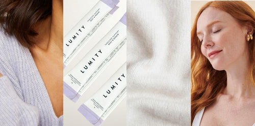 Collage of a woman wearing a white shirt, LUMITY product packaging, and a close-up of a woman's face.