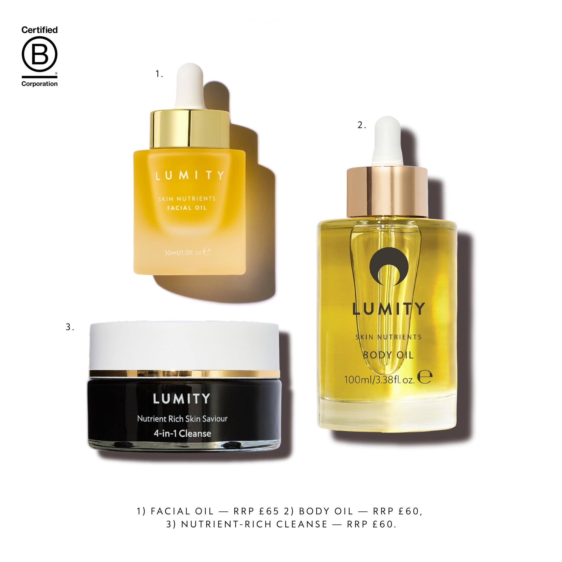 Lumity skincare products including facial oil, body oil, and cleanse on a white background