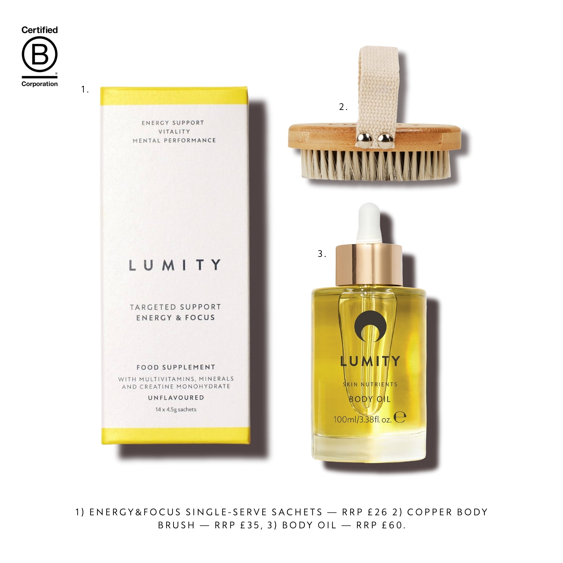 Lumity product line including energy focus single-serve sachets, copper body brush, and body oil on a white background.