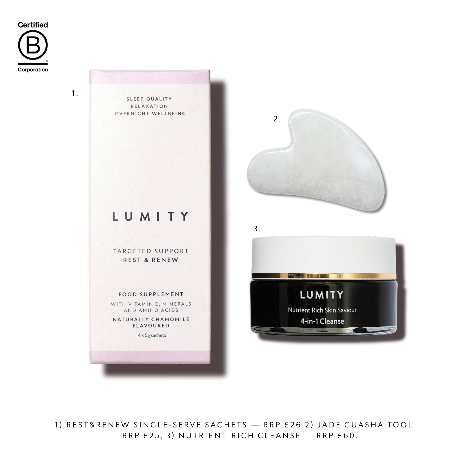 Lumity skincare products including supplements, jade guasha tool, and cleanse jar on a white background.