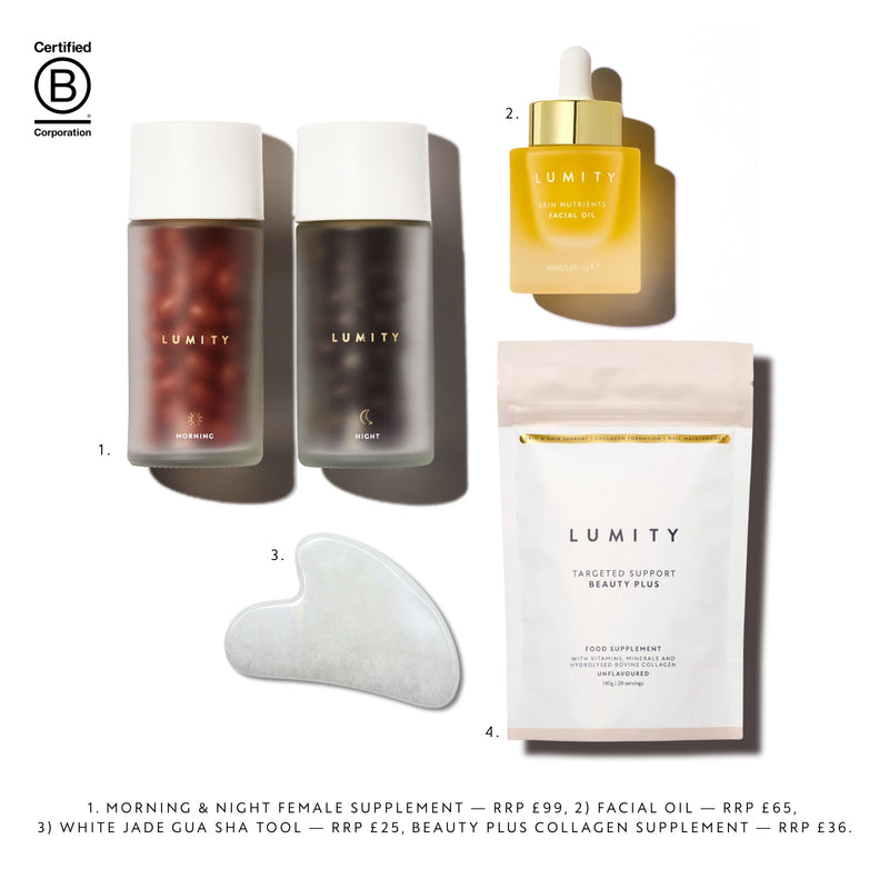 Lumity skincare and wellness products including oils, a tool, and supplements on a white background.