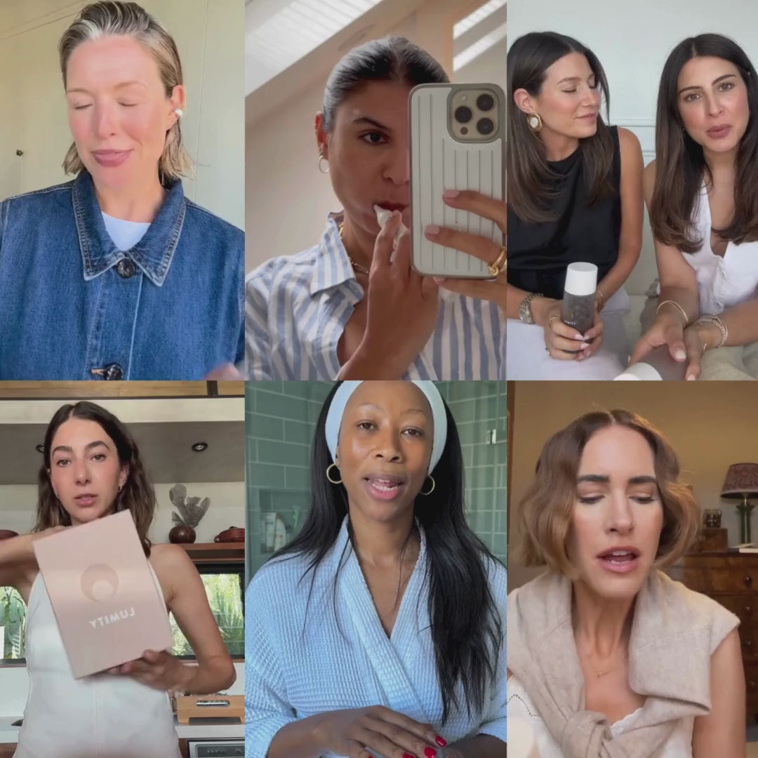 a video of seven different women in different lifestyle settings, each holding their lumity morning & night glass bottles up to the camera. 