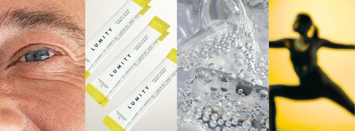 Close-up of mature man's eye, Lumity energy supplement sachets, effervescent bubbles in water, and silhouette of yoga pose at sunset